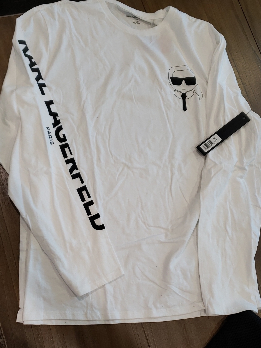 Karl Lagerfeld White Long-Sleeve Tee with Black Graphic and Sleeve Logo